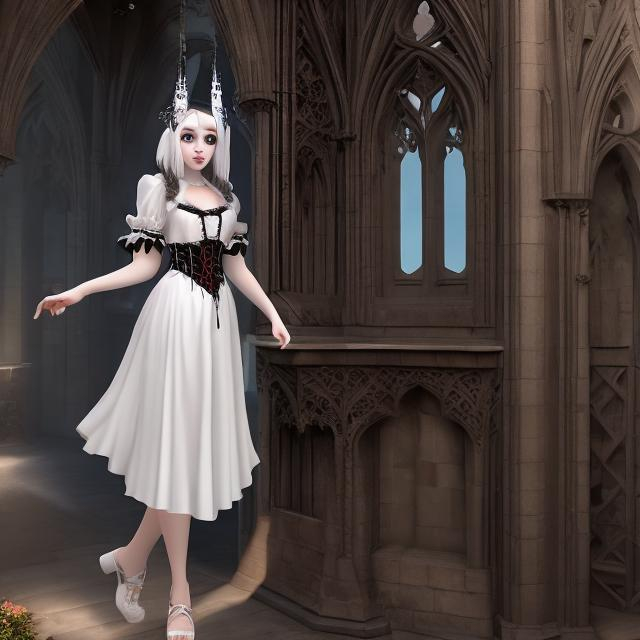 Prompt: A pretty young maiden wearing a very short white dress in a gothic tower