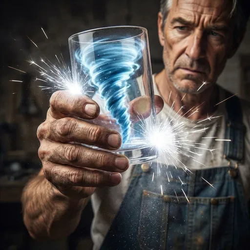 Prompt: A mão de um homem de 50 anos, magro e calejado) agarra com força um cilindro transparente de 10 cm que vibra com a forma de um tornado azulado. Faíscas de luz branca explodem do ponto de contacto entre a pele e a pedra
.