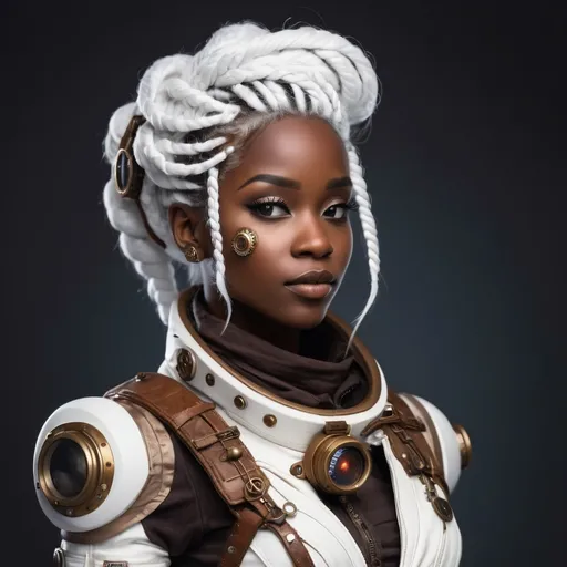 Prompt: a dark skined with white braided hair
she has steampunk astronaut clothes
