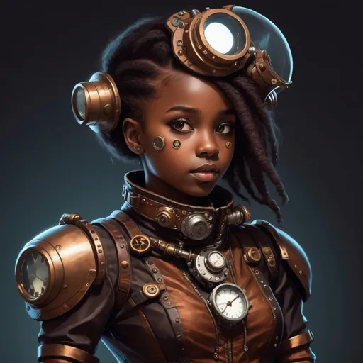 Prompt: a dark skined girl
she has steampunk astronaut clothes

