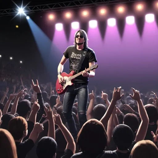 Prompt: YouTube thumbnail for Rock Star Life Simulator game playthrough. Rock Star on stage, under the lights playing to the crowd.