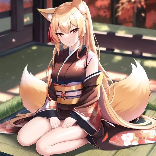 Prompt: Kaida (blonde hair), 8k, UHD, highly detailed, best quality, a woman in a kimono sitting on the ground, Female, kitsune, with long blonde hair, red eyes, 6 big blonde fox tails, angry glare, and comfy conservative clothes, a Japanese forest background, age 35, blacksmith, Female, big chest