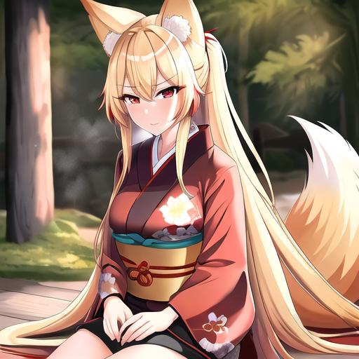 Prompt: Kaida (blonde hair), 8k, UHD, highly detailed, best quality, a woman in a kimono sitting on the ground, Female, kitsune, with long blonde hair, red eyes, 6 big blonde fox tails, angry glare, and comfy conservative clothes, a Japanese forest background, age 35, blacksmith, Female, big chest, red markings under both eyes, tails showing