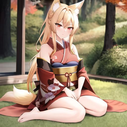 Prompt: Kaida (blonde hair), 8k, UHD, highly detailed, best quality, a woman in a kimono sitting on the ground, Female, kitsune, with long blonde hair, red eyes, 6 blonde fox tails, angry glare, and comfy conservative clothes, a Japanese forest background, age 35, blacksmith, Female,