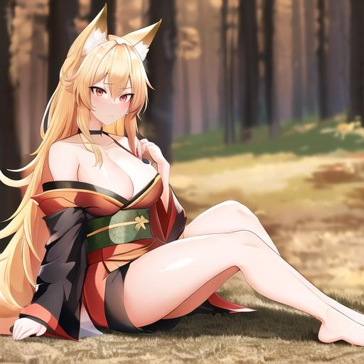 Prompt: Kaida (blonde hair), 8k, UHD, highly detailed, best quality, a woman in a kimono sitting on the ground, Female, kitsune, with long blonde hair, red eyes, 6 big blonde fox tails, angry glare, and comfy conservative clothes, a Japanese forest background, age 35, blacksmith, Female, big chest, red markings under both eyes, 
