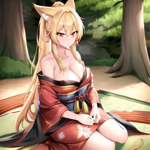 Prompt: Kaida (blonde hair), 8k, UHD, highly detailed, best quality, a woman in a kimono sitting on the ground, Female, kitsune, with long blonde hair, red eyes, 6 blonde fox tails, angry glare, and comfy conservative clothes, a Japanese forest background, age 35, blacksmith, Female, big chest
