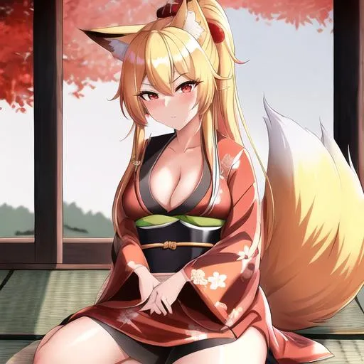 Prompt: Kaida (blonde hair), 8k, UHD, highly detailed, best quality, a woman in a kimono sitting on the ground, Female, kitsune, with long blonde hair, red eyes, 6 big blonde fox tails, angry glare, and comfy conservative clothes, a Japanese forest background, age 35, blacksmith, Female, big chest, red markings under both eyes, tails showing