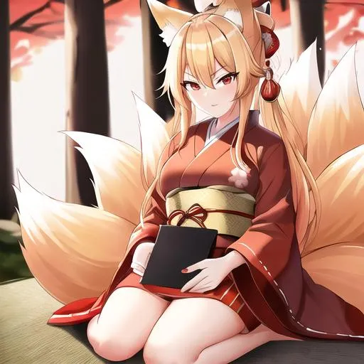 Prompt: Kaida (blonde hair), 8k, UHD, highly detailed, best quality, a woman in a kimono sitting on the ground, Female, kitsune, with long blonde hair, red eyes, 6 big blonde fox tails, angry glare, and comfy conservative clothes, a Japanese forest background, age 35, blacksmith, Female, big chest, red markings under both eyes, tails showing