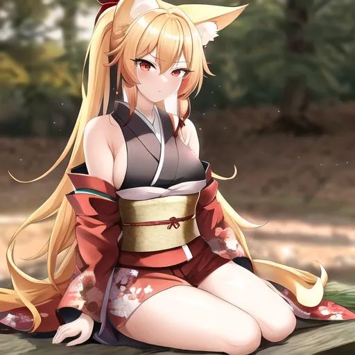 Prompt: Kaida (blonde hair), 8k, UHD, highly detailed, best quality, a woman in a kimono sitting on the ground, Female, kitsune, with long blonde hair, red eyes, 6 big blonde fox tails, angry glare, and comfy conservative clothes, a Japanese forest background, age 35, blacksmith, Female, big chest, red scars under both eyes