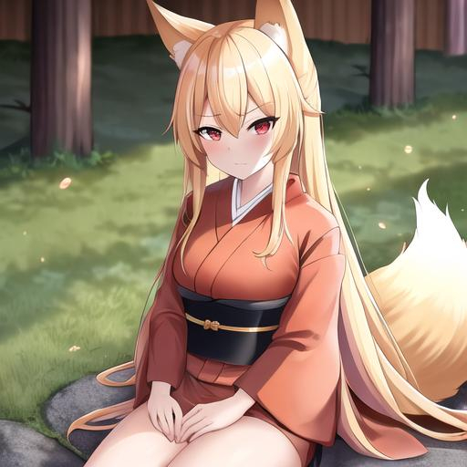 Prompt: Kaida (blonde hair), 8k, UHD, highly detailed, best quality, a woman in a kimono sitting on the ground, Female, kitsune, with long blonde hair, red eyes, 6 big blonde fox tails, angry glare, and comfy conservative clothes, a Japanese forest background, age 35, blacksmith, Female, big chest, red scars under both eyes