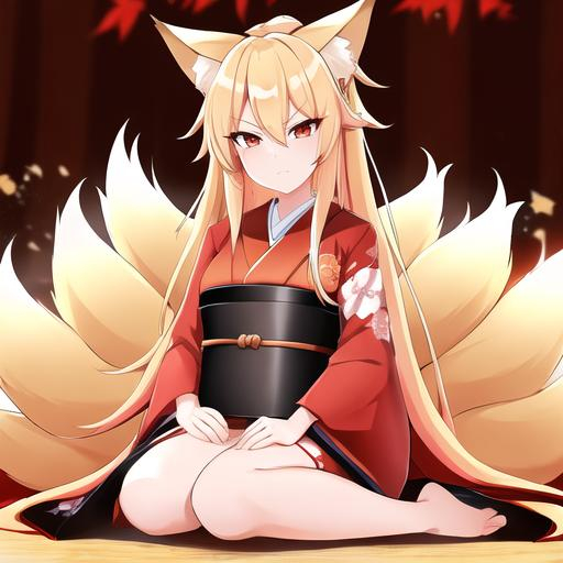 Prompt: Kaida (blonde hair), 8k, UHD, highly detailed, best quality, a woman in a kimono sitting on the ground, Female, kitsune, with long blonde hair, red eyes, 6 big blonde fox tails, angry glare, and comfy conservative clothes, a Japanese forest background, age 35, blacksmith, Female, big chest, red markings under both eyes, tails showing, crying