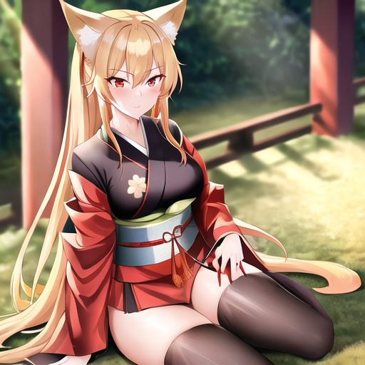 Prompt: Kaida (blonde hair), 8k, UHD, highly detailed, best quality, a woman in a kimono sitting on the ground, Female, kitsune, with long blonde hair, red eyes, 6 blonde fox tails, angry glare, and comfy conservative clothes, a Japanese forest background, age 35, blacksmith, Female, big chest