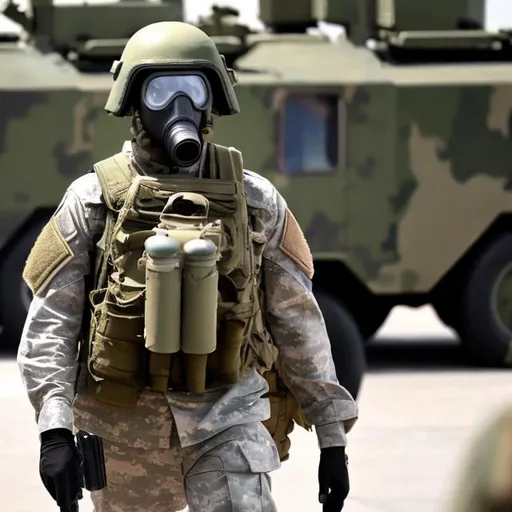 Prompt: Military unit with gas-mask on.