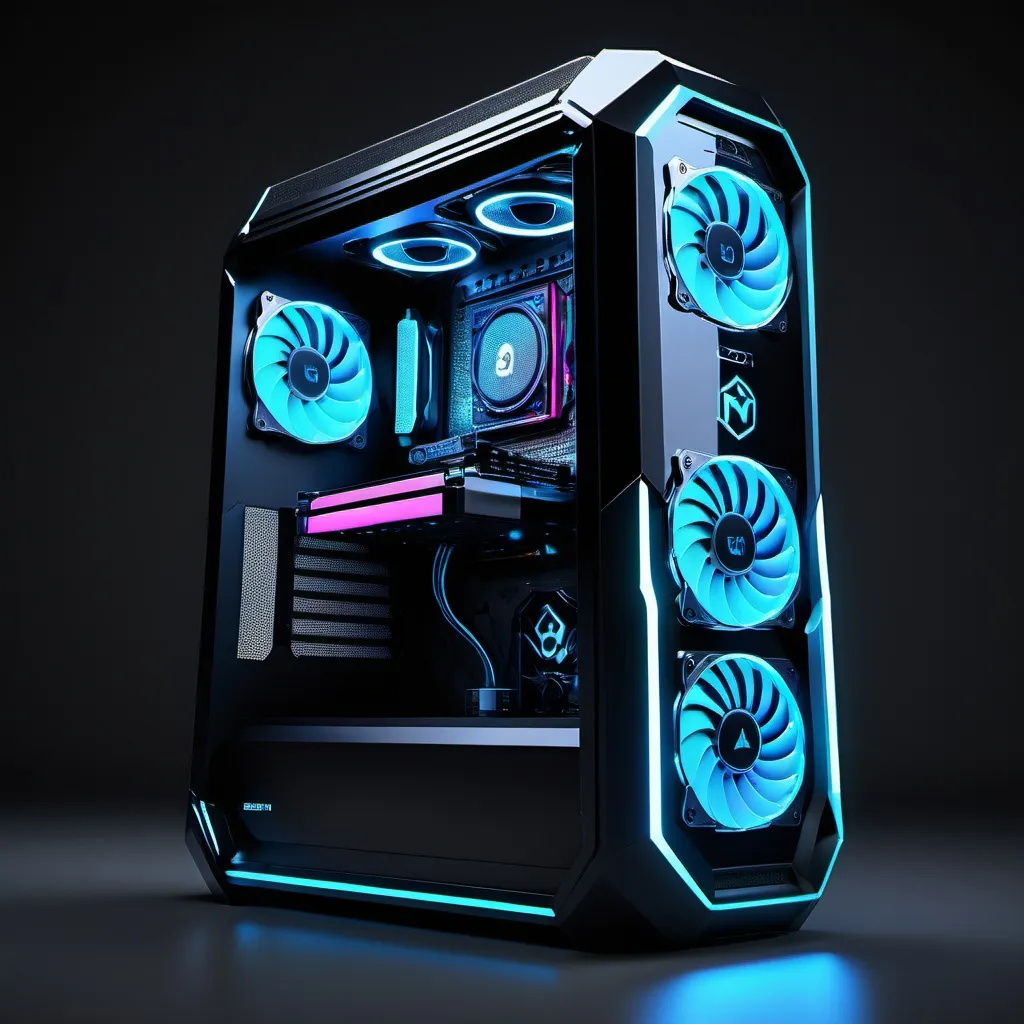 Prompt: (futuristic gaming computer), sleek design, advanced technology, ultra-modern aesthetics, (high-end components), illuminated RGB lighting, dynamic features, metallic finish, high-resolution display, immersive ambiance, cool tones, neon highlights, (photorealistic), intricately detailed, (HD), futuristic gaming environment, ready for an innovative gameplay experience.