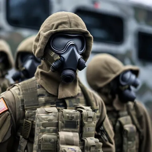 Prompt: Military unit with gas-mask on.