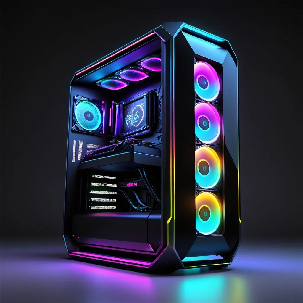 Prompt: (futuristic gaming computer), sleek design, advanced technology, ultra-modern aesthetics, (high-end components), illuminated RGB lighting, dynamic features, metallic finish, high-resolution display, immersive ambiance, cool tones, neon highlights, (photorealistic), intricately detailed, (HD), futuristic gaming environment, ready for an innovative gameplay experience.