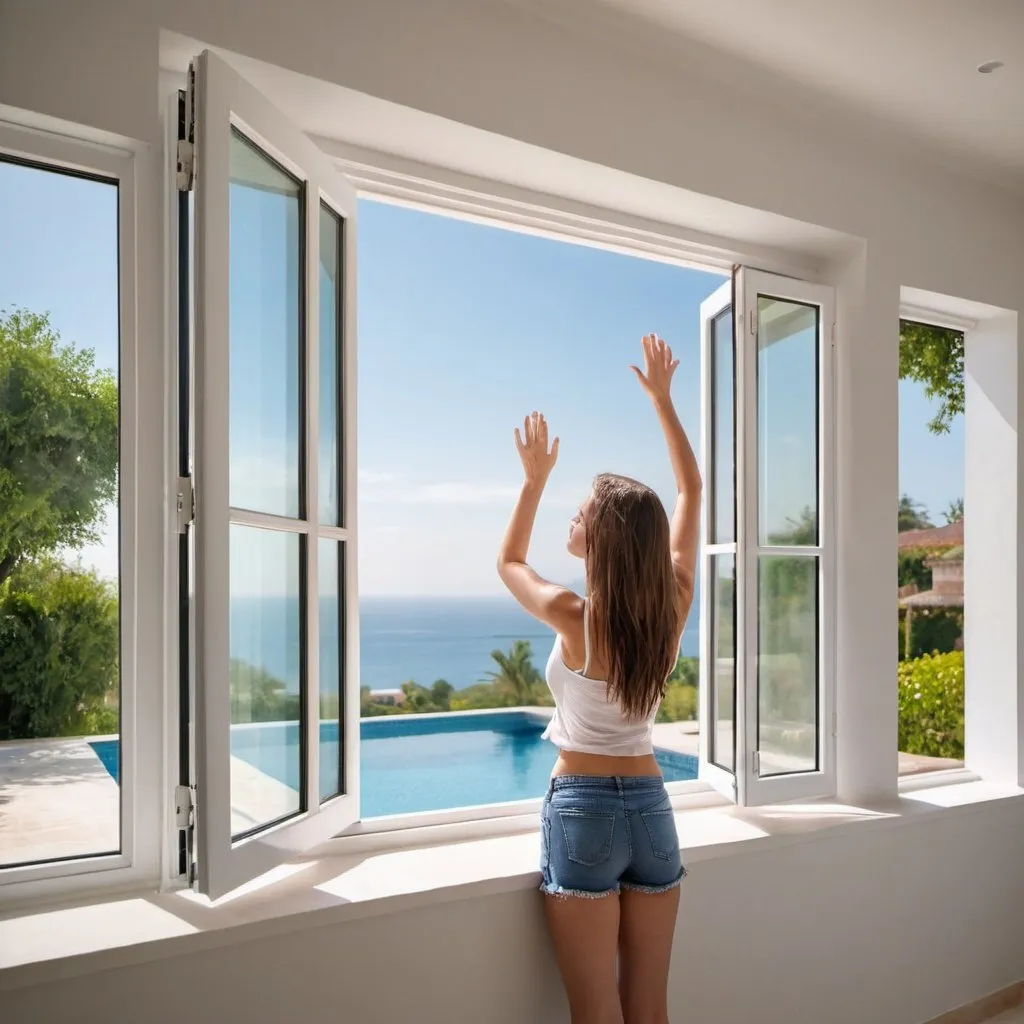 Prompt: girl using uPVC window in a beautiful villa with a pool