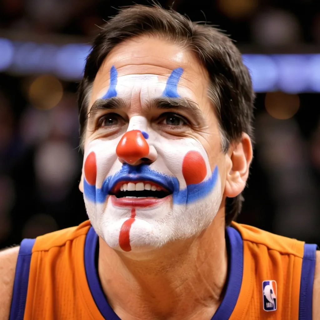 Prompt: Mark Cuban putting on clown makeup