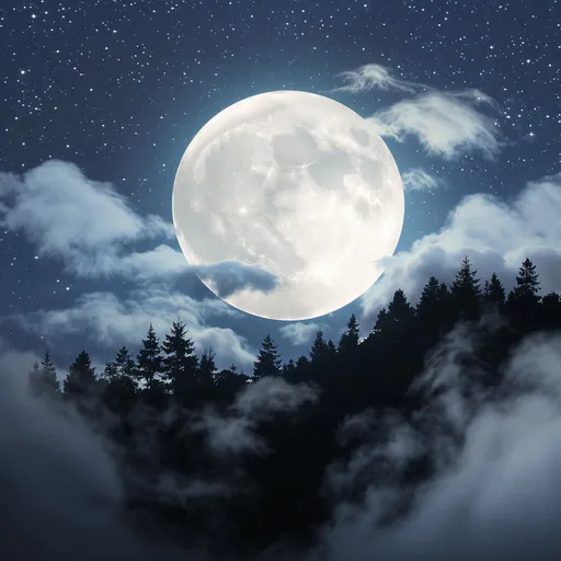 Prompt: Mountain pine tree silhouettes and cloudy moon background