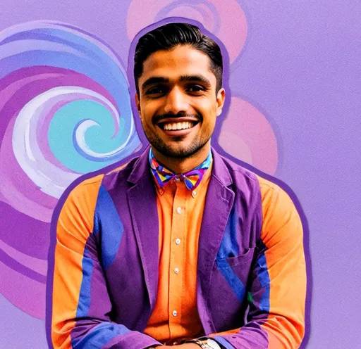 Prompt: A man smiling is wearing blue collar shirt sitting at a desk with a colorful background with a swirl of blues and purples, fauvism, an impressionist painting