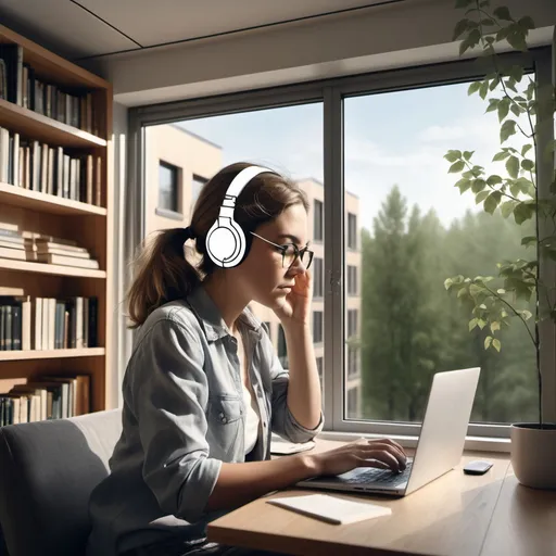 Prompt: she  is sitting in front of the window
while working with a laptop
listening to music and has his hands over his ears. And around the window are bookshelves. The view outside the window is of a building and trees.
