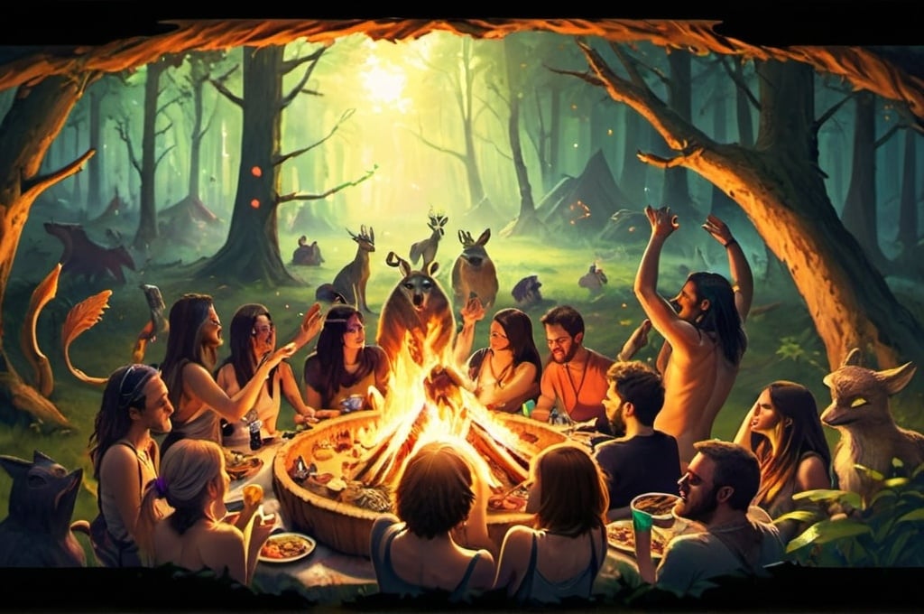 Prompt: rave Partying fire circle 
forest magics creatures
potluck picnic

