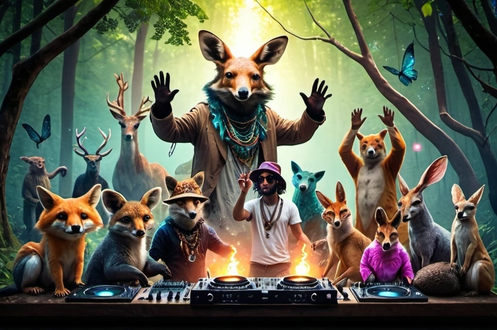 Prompt: DJ mystical festival 
Partying diversity
forest ANIMALS  magics creatures

