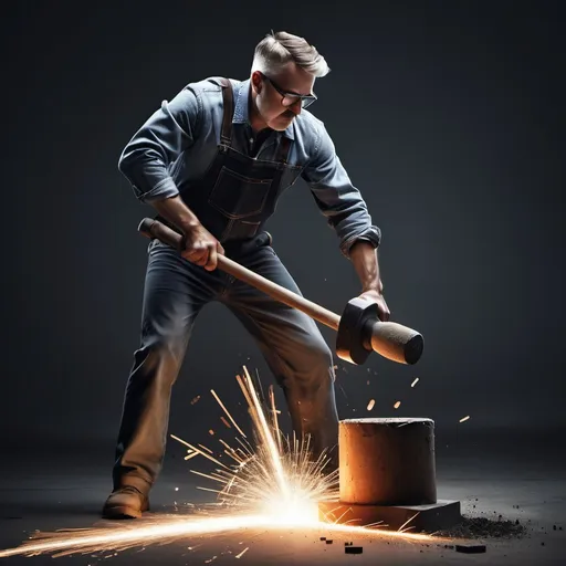 Prompt: “I need a poster featuring a man hammering iron with a sledgehammer, with sparks flying off the iron. I want the design to be a fusion of modern and classic styles.”