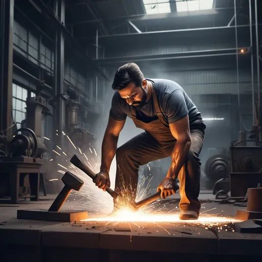 Prompt: “I need a poster featuring a man hammering iron with a sledgehammer, with sparks flying off the iron. The scene should take place in a modern steel factory, and I want the design to be a fusion of modern and classic styles. In the background, the text Rastak Steel Amin’ should be written.”