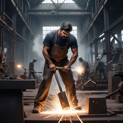 Prompt: “I need a poster featuring a man hammering iron with a sledgehammer, with sparks flying off the iron. The scene should take place in a modern steel factory, and I want the design to be a fusion of modern and classic styles. In the background, the text Rastak Steel Amin’ should be written.”