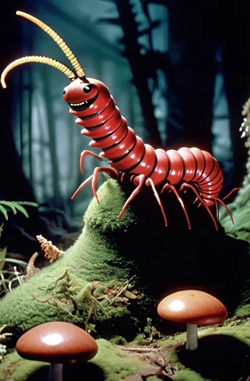 Prompt: 1950's Panavision image of a giant centipede climbing a mushroom.