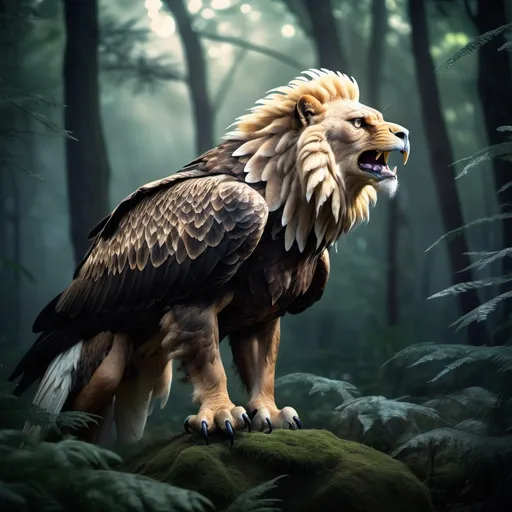 Prompt: Eagle-lion hybrid in a mystical forest, animal hybrid of an eagle and a lion, mix of lion and eagle, high quality, atmospheric lighting