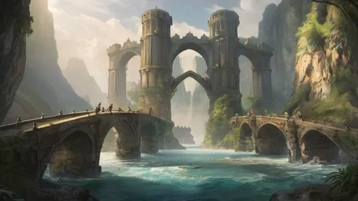 Prompt: Epic and amazing fantasy adventure video game loading screen art with a bridge