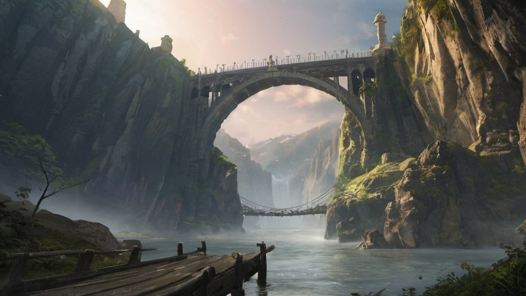 Prompt: Epic and amazing fantasy adventure video game loading screen art with a bridge