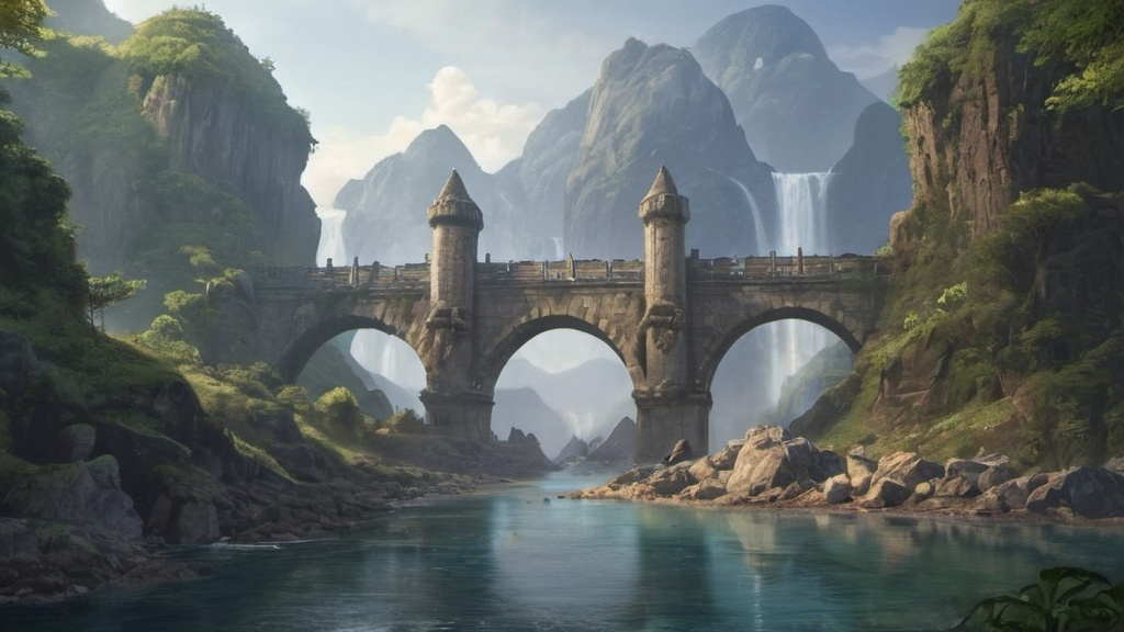 Prompt: Epic and amazing fantasy adventure video game loading screen art with a bridge