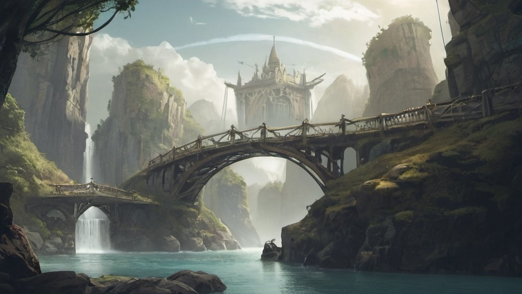 Prompt: Epic and amazing fantasy adventure video game loading screen art with a bridge