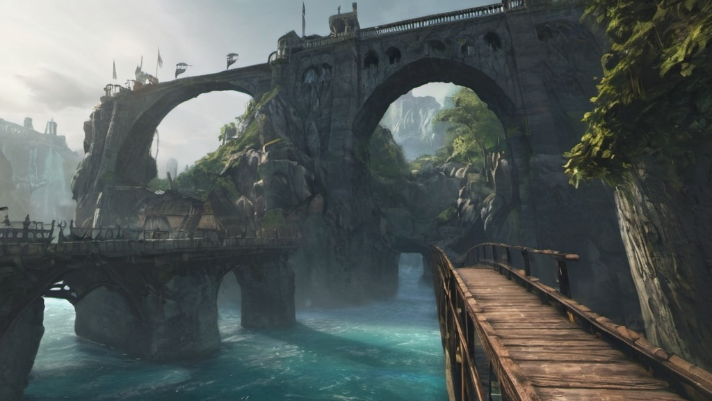 Prompt: Epic and amazing fantasy adventure video game loading screen art with a bridge