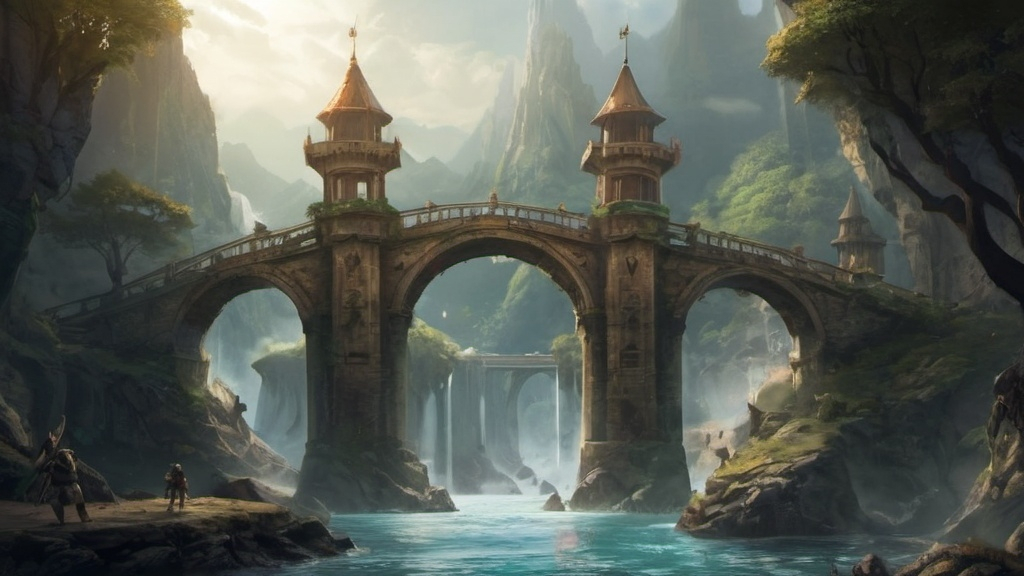 Prompt: Epic and amazing fantasy adventure video game loading screen art with a bridge