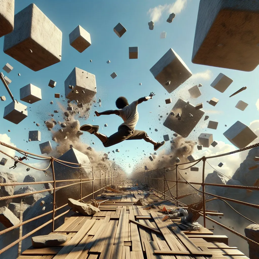 Prompt: A man on a bridge with several large square blocks swinging from the sky. The sky is clear with some clouds. There are some debris flying around and there are obstacles in the man's way in front of him. The man is jumping over a large rock in front of the camera. There are a lot of obstacles in the man's way. The camera angle is looking at this scene straight down the middle of the bridge.