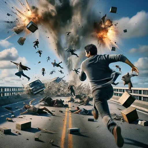Prompt: A man on a bridge with an explosion happening and several not scary monsters chasing him between him and the explosion. The sky is clear with some clouds. There are some debris flying around and the are obstacles in the man's way behind of him. The man is jumping over a large rock in front of the camera. Some monsters have fallen down over blocks and other monsters are close to the man. The camera angle is looking at this scene straight down the middle of the bridge.