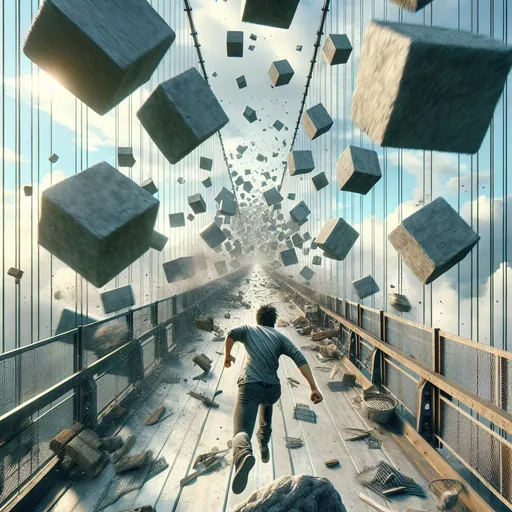 Prompt: A man running down a bridge with several large square blocks swinging from the sky. The sky is clear with some clouds. There are some debris flying around and there are obstacles in the man's way in front of him. The man is jumping over a large rock in front of the camera. There are a lot of obstacles in the man's way. The camera angle is looking at this scene straight down the middle of the bridge.