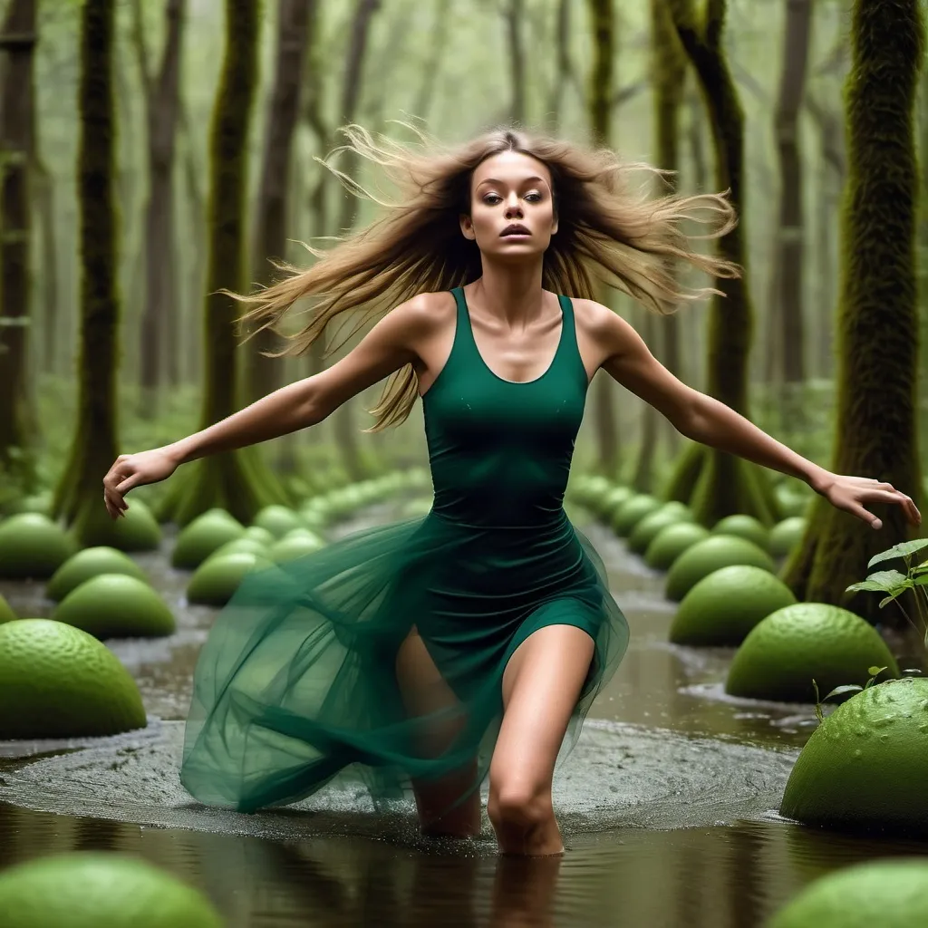 Prompt: a zero size model. running among frogs in a lush forest. Hair to the wind. Photography. motion