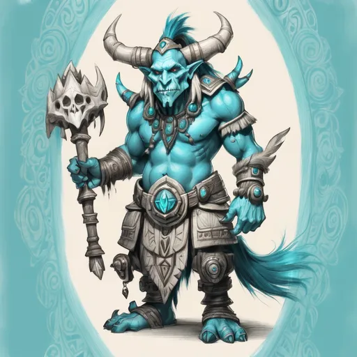 Prompt: Sketch troll shaman, bone necklace, elemental totems, tribal armor, on light teal paper. World of Warcraft art, pencil detail texture.