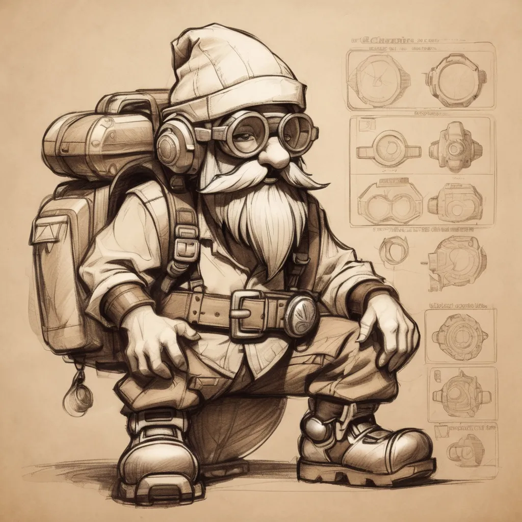 Prompt: Sketch gnome engineer, goggles, mechanical backpack, tool belt, on beige paper. World of Warcraft art, pencil detail texture.