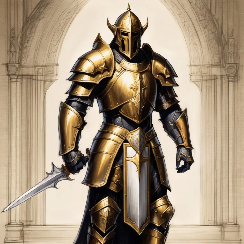 Prompt: Sketch human paladin, golden plate armor, sword and shield, cathedral backdrop, on ivory paper. World of Warcraft art, pencil detail texture.