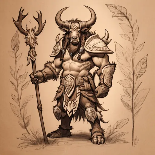 Prompt: Sketch tauren druid, antlers, leaf-covered armor, staff, on light brown paper. World of Warcraft art, pencil detail texture.