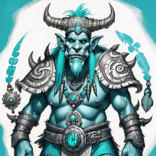 Prompt: Sketch troll shaman, bone necklace, elemental totems, tribal armor, on light teal paper. World of Warcraft art, pencil detail texture.