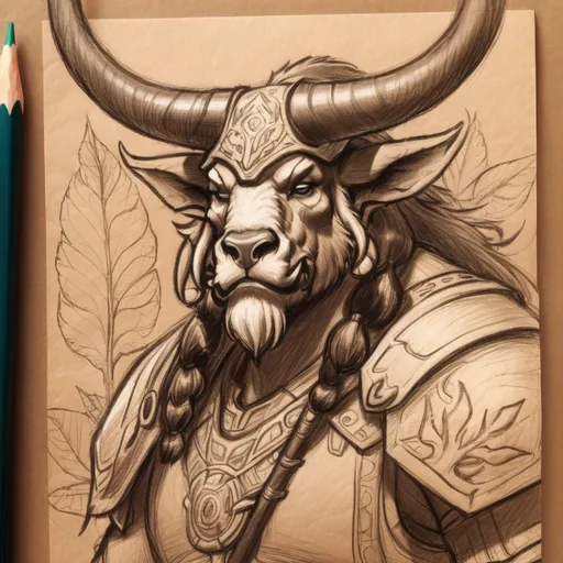 Prompt: Sketch tauren druid, antlers, leaf-covered armor, staff, on light brown paper. World of Warcraft art, pencil detail texture.