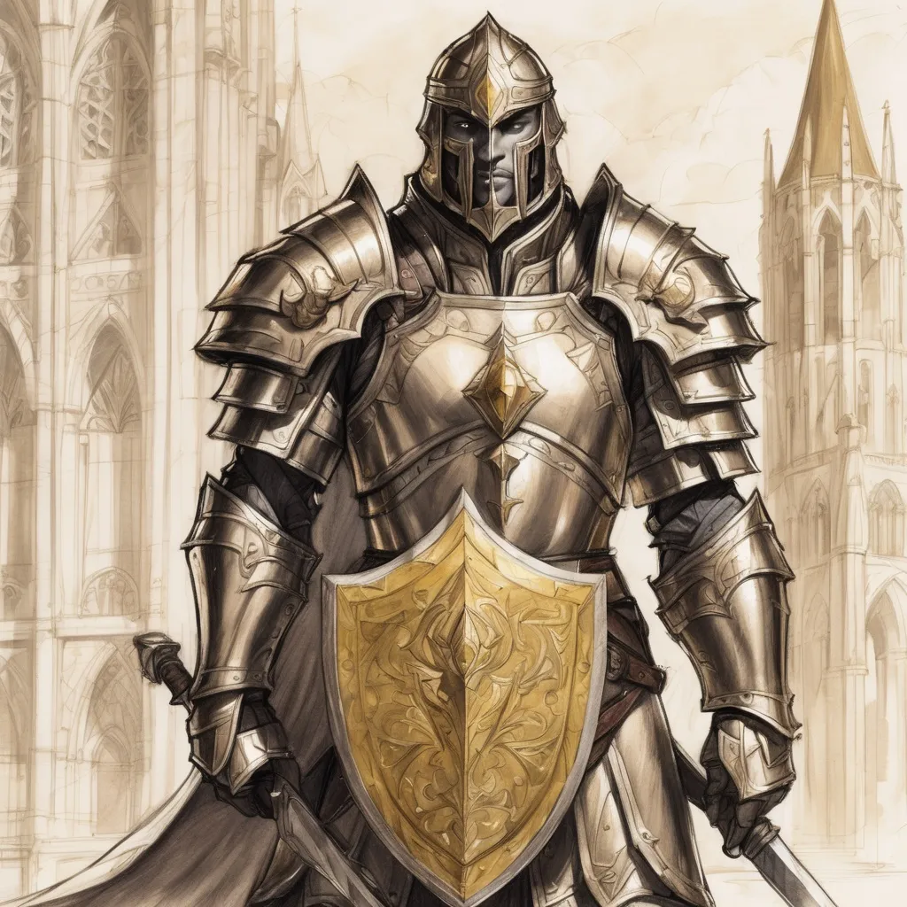 Prompt: Sketch human paladin, golden plate armor, sword and shield, cathedral backdrop, on ivory paper. World of Warcraft art, pencil detail texture.