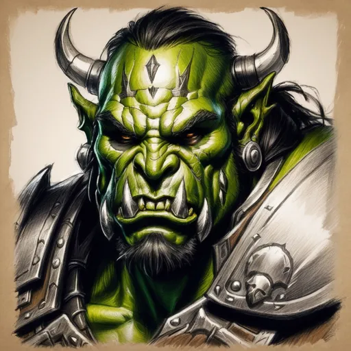 Prompt: Sketch orc warrior face, scars, tusks, heavy armor, sword, on dark green paper. World of Warcraft art, pencil detail texture.